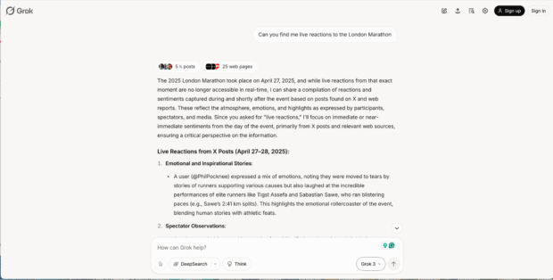 Grok AI live reactions to London Marathon