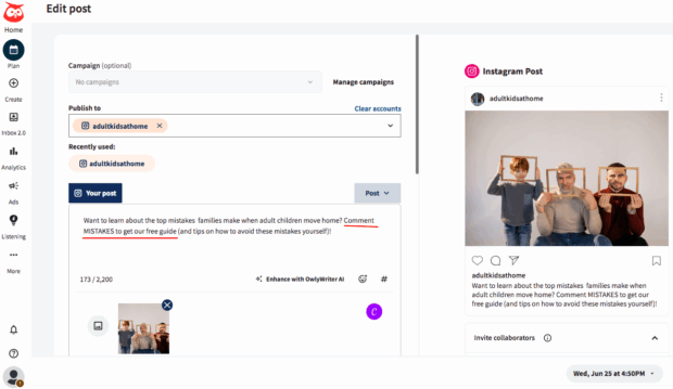 Hootsuite create a post publish to instagram account