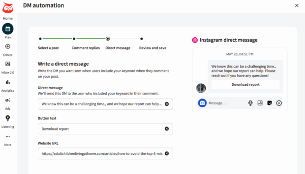 Hootsuite Plan DM automation write a direct message