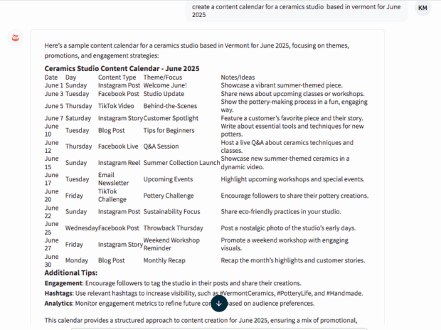 Screenshot of Hootsuite's Owly GPT building a content calendar for a ceramics studio