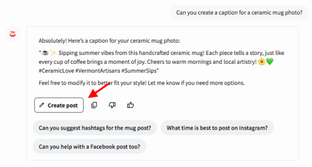 Screenshot illustrating how you can create a social media post directly from OwlyGPT's recommendations in the Hootsuite dashboard