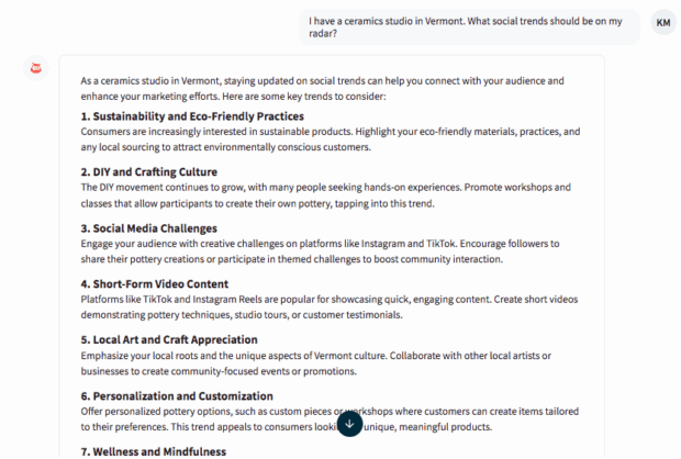 Screenshot of Hootsuite's Owly GPT advising on social media trends
