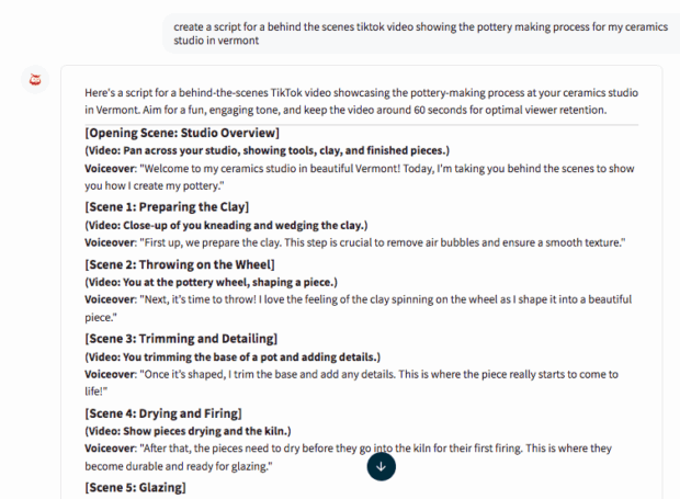Screenshot of Hootsuite's Owly GPT creating a TikTok video script from scratch
