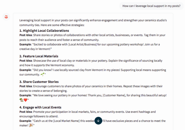 Screenshot of Hootsuite's Owly GPT providing ideas for meaningful, community-focused content