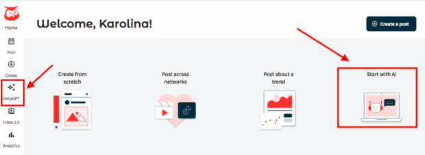 Navigating to OwlyGPT within the Hootsuite dashboard