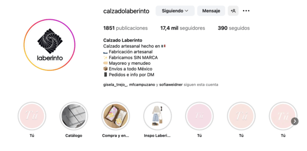Perfil de Instagram de Calzado Laberinto con biografía y momentos destacados