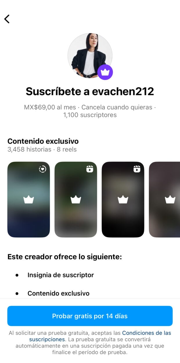pantalla de suscripción en Instagram