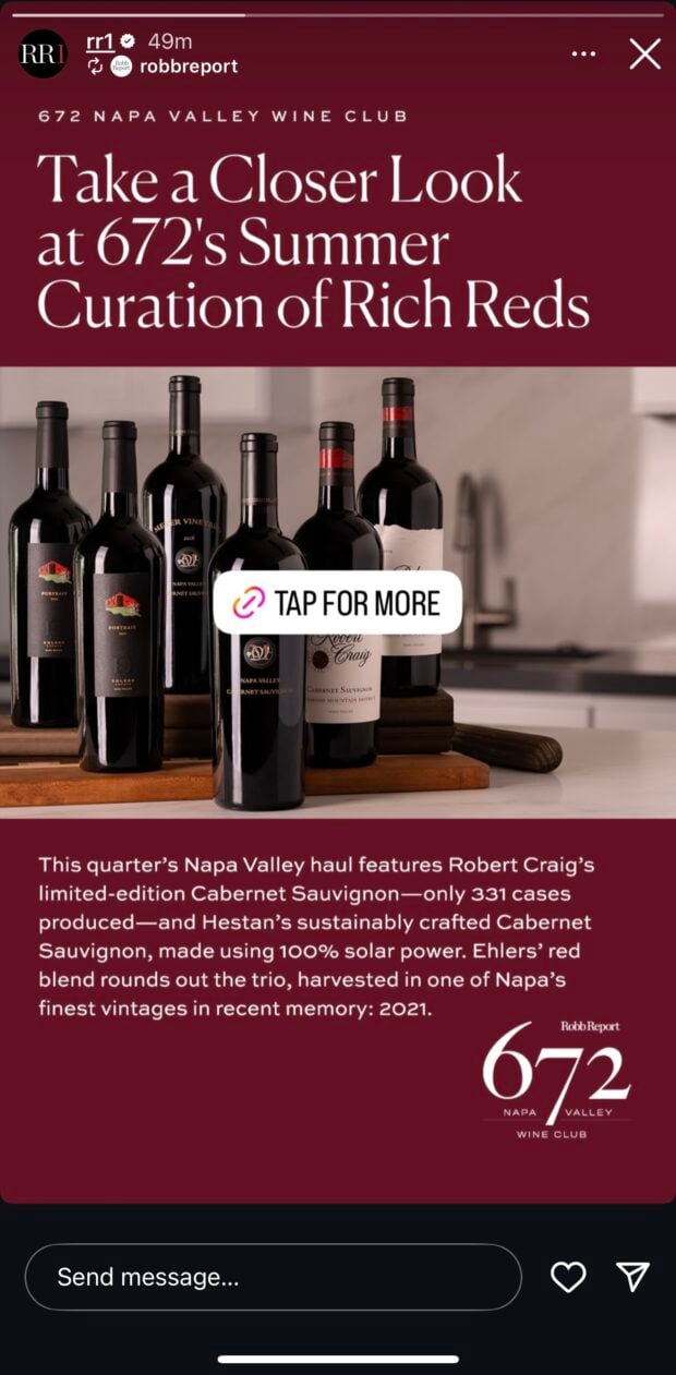 instagram story from robb report featuring an article about this summer's richest red wines and a tap for more link sticker