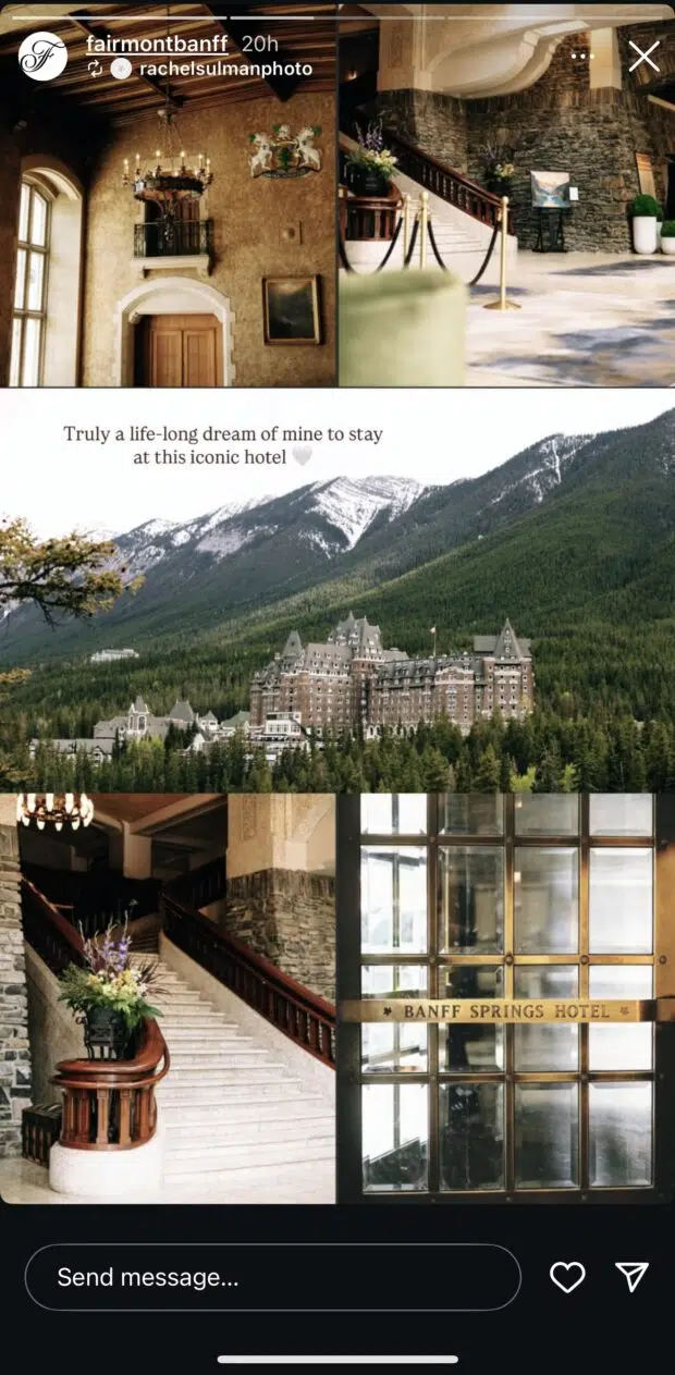 instagram story from fairmont banff showing a moodboard grid of its different rooms and outdoor areas