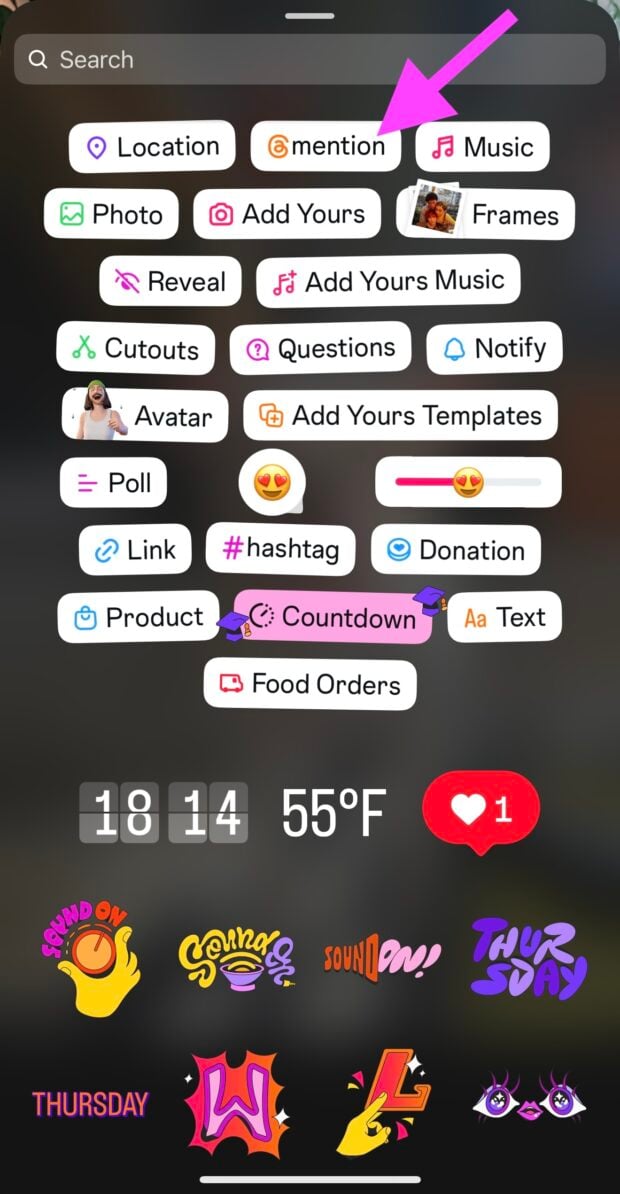 instagram story sticker screen with a pink arrow pointing to the mention sticker in the top middle of the screen