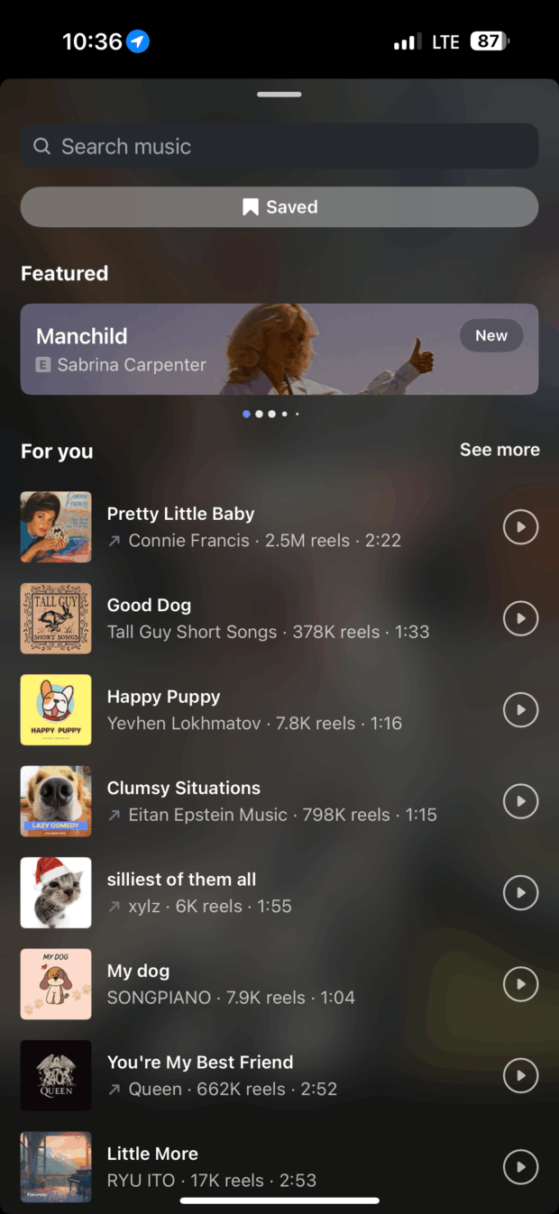 instagram story music selector screen showing a variety of songs including pretty little baby and good dog
