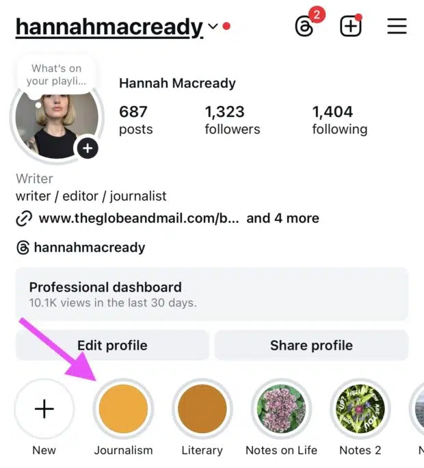 hannah macready instagram homepage with a pink arrow pointing to the highlight section