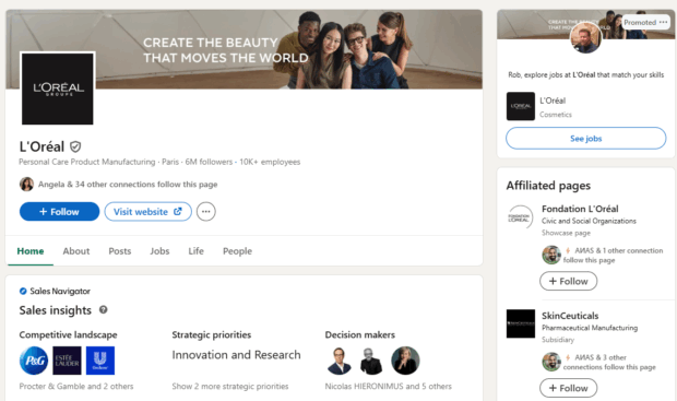 L'Oreal LinkedIn page