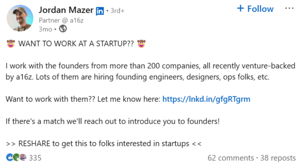want to work at a startup LinkedIn post