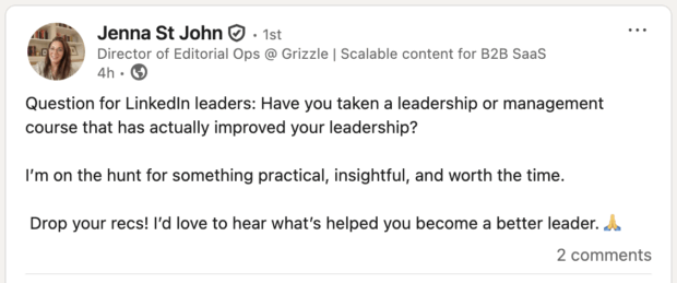 question for LinkedIn leaders about leadership or management course