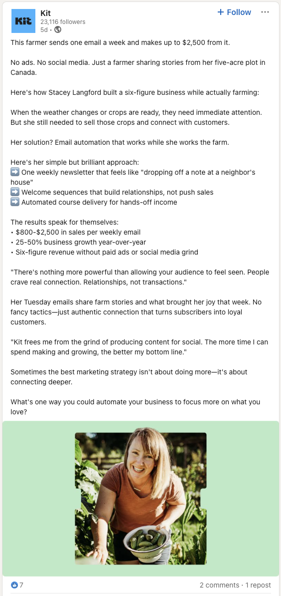 farmer sends one email a week and makes $2500 with Kit email automation
