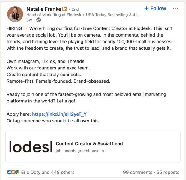 hiring first full time content creator and socia lead at Flodesk