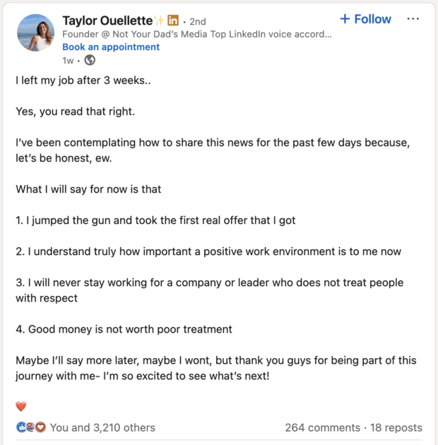 leaving a job after three weeks personal post 