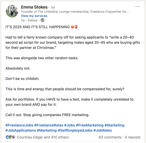 post calling out companies asking job applicants to do free work