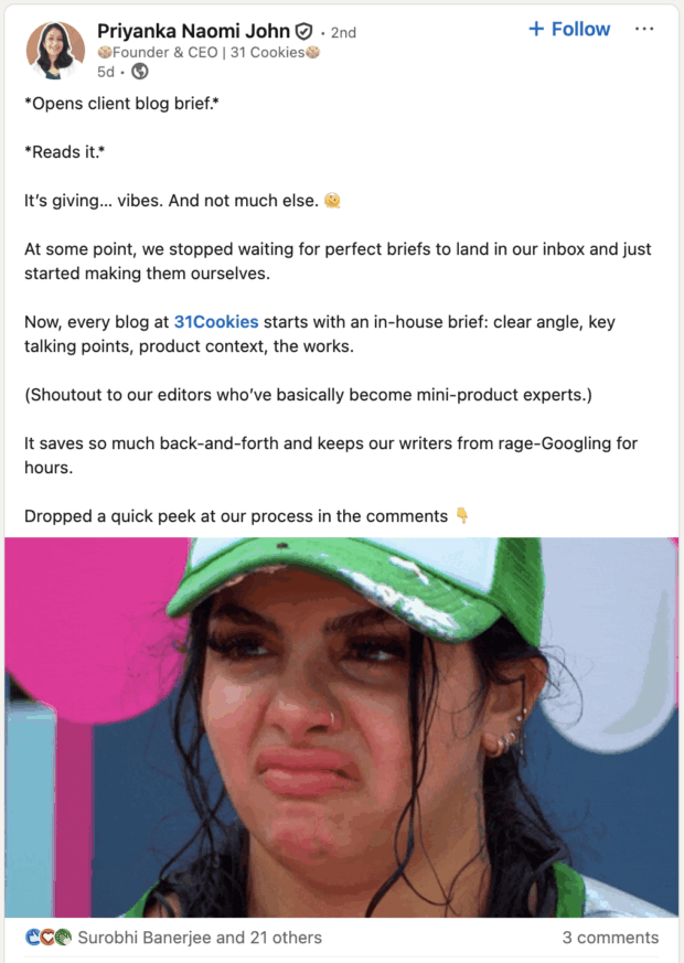 meme of islander from Love Island relating to client blog brief