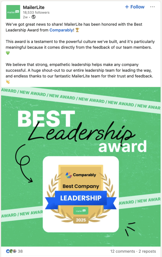 MailerLite honored with Best Leadership Award from Comparably