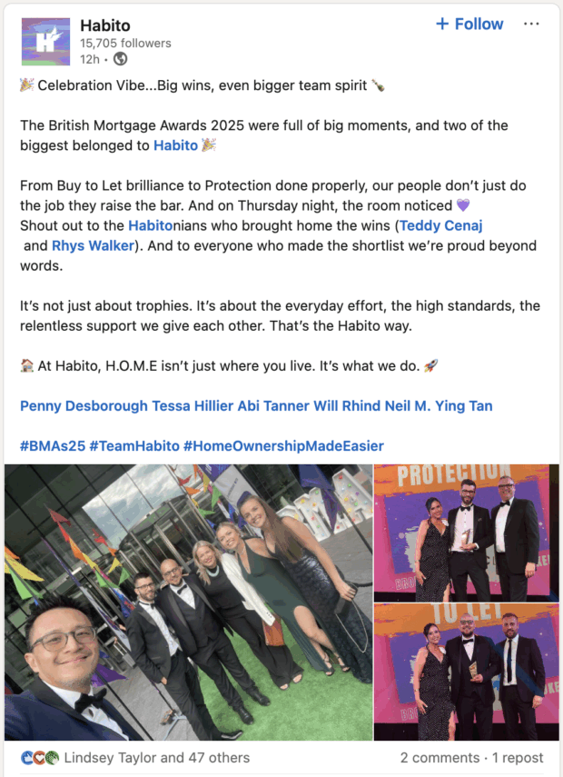 Habito celebration post with photos from British Mortgage Awards 2025