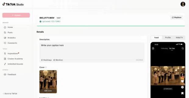 TikTok studio video details description and cover