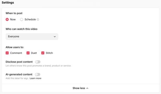 Settings when to post who can watch this video and allow users to comment duet or stitch