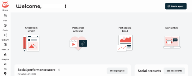 Hootsuite welcome page log onto dashboard
