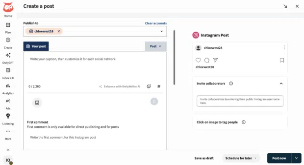 select instagram account from drop down menu