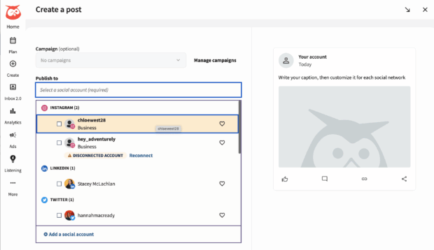 create a post screen in hootsuite showing a dropdown menu that lets users choose which instagram account they want to post to