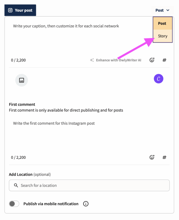 individual post in hootsuite with a pink arrow pointing to a dropdown menu where users can choose post or story