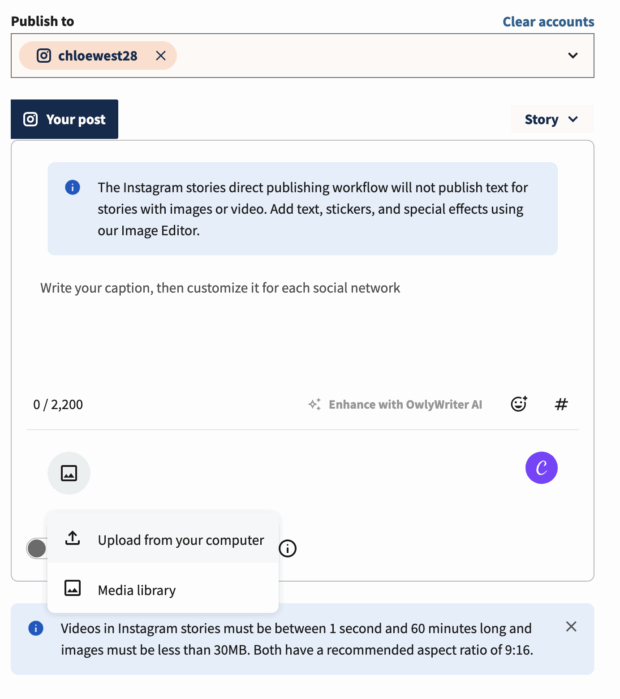 individual instagram story post shown in hootsuite with areas to add a caption or upload content from your computer