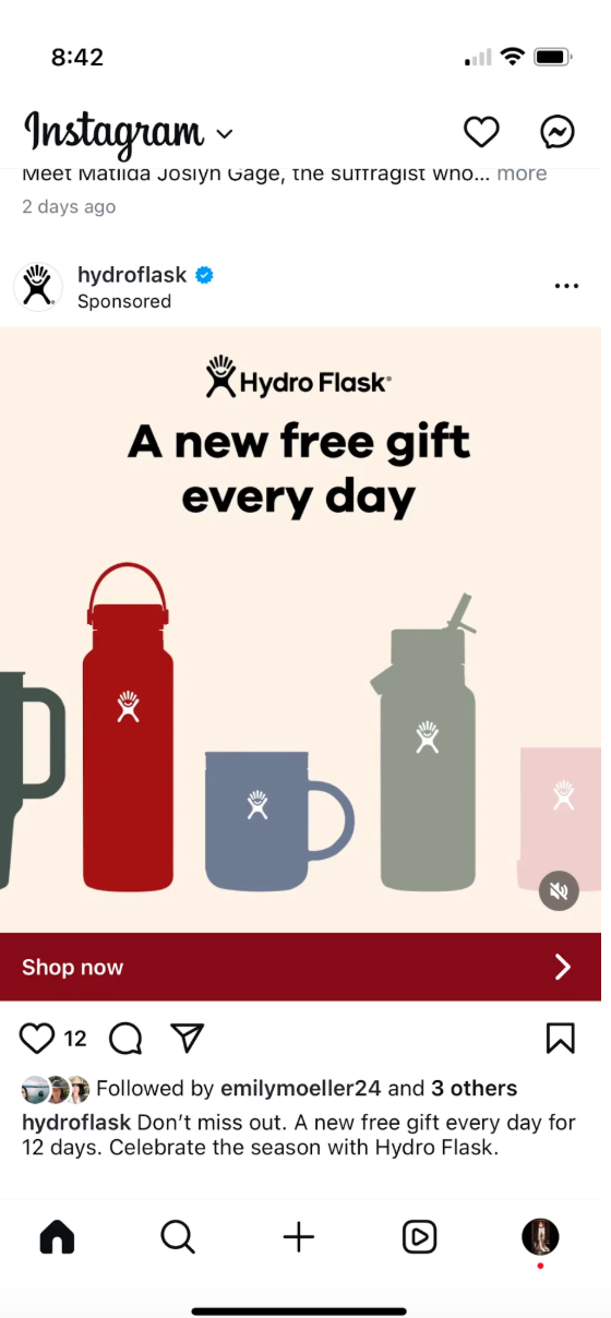 Annuncio video Instagram di Hydro Flask "A New free gift every day"