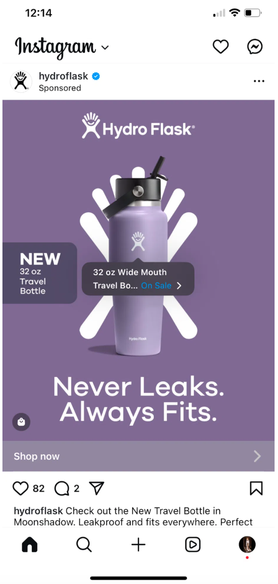 Annuncio Shopping Instagram della nuova bottiglia da viaggio Hydro Flask