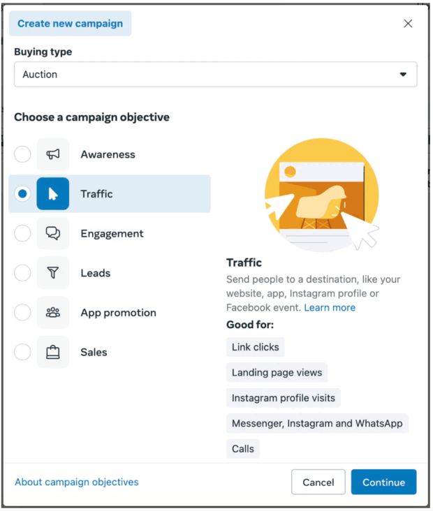 Crea un nuovo tipo di acquisto della campagna scegli un obiettivo della campagna Awareness traffico engagement