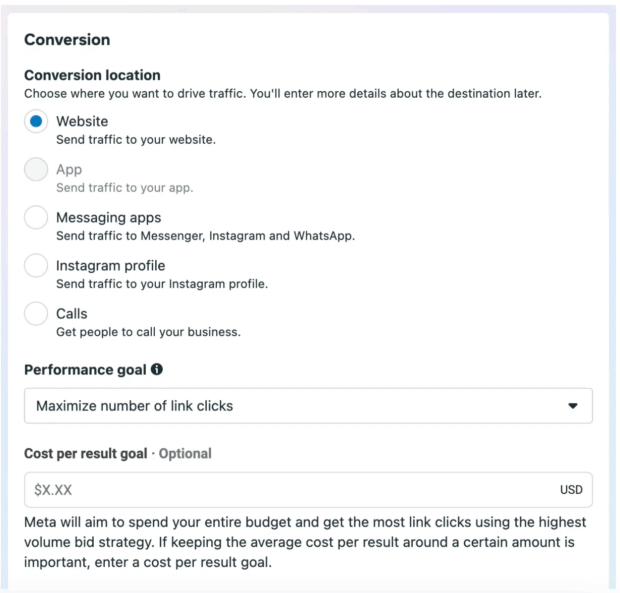 Obiettivo di posizionamento della conversione, obiettivo di performance e obiettivo di costo per risultato