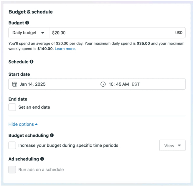 Budget e programmazione dell'annuncio data di inizio e data di fine