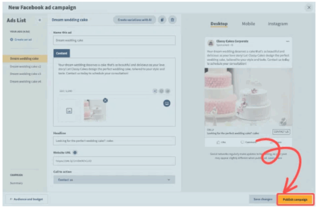 pubblicità campagna facebook impostazioni