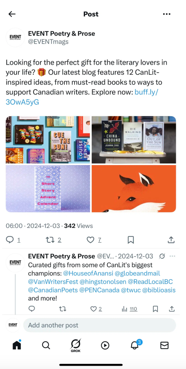tweet della rivista EVENT che promuove un blog sui regali di Natale per gli amanti della letteratura