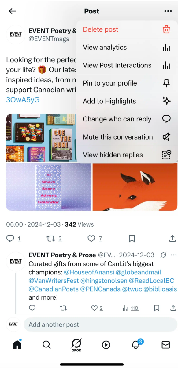 menu a discesa mostrato sul tweet della rivista EVENT che offre l'opzione di visualizzare gli analytics del post