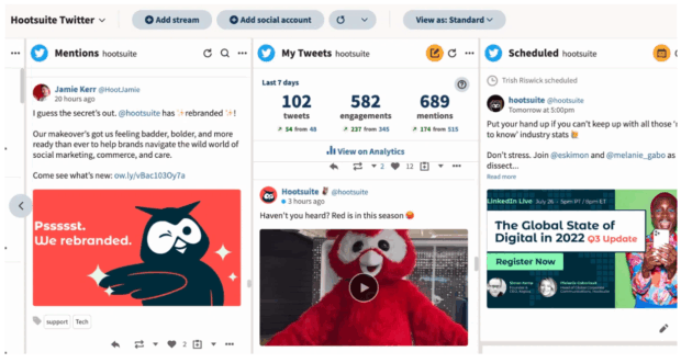 dashboard hootsuite streams che mostra i dati di twitter per menzioni, tweet e post programmati
