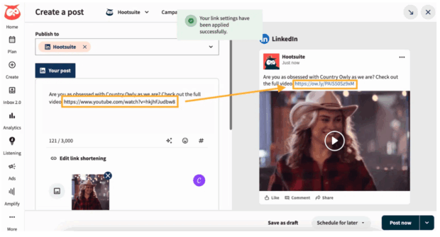 accorciatore di link ow.ly mostrato nella funzione crea un post dell'app hootsuite