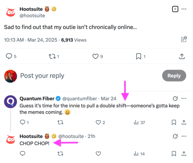 risposta su twitter a un tweet di hootsuite sul fatto che il loro account non sia cronicamente online