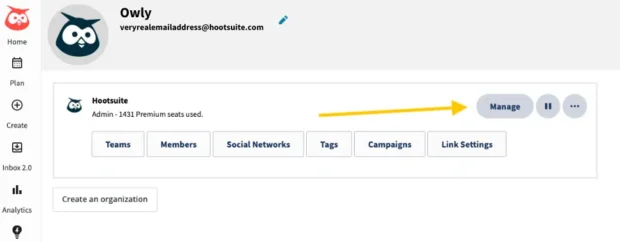 Hootsuite profile with arrow pointing to the Manage button