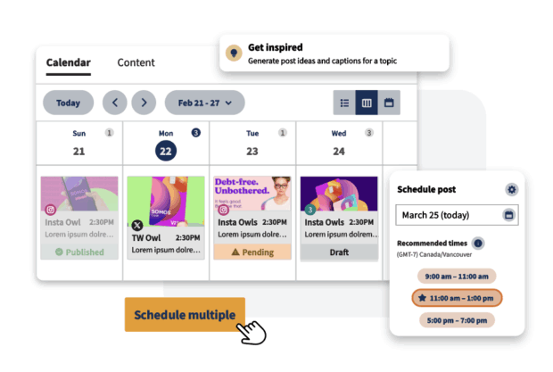 Hootsuite content calendar showing multiple posts being scheduled at once