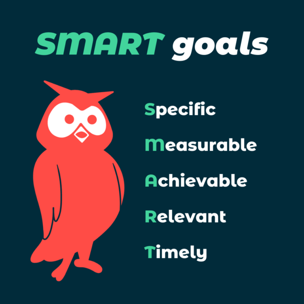 red owl standing beside text that reads "SMART" "Specific, Measurable, Achievable, Relevant, Timely"