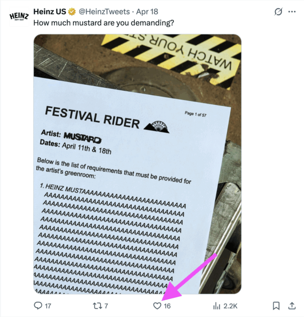 tweet from Heinz US showing a festival rider that says the only requirement is HEINZ MUSTAAAAAD
