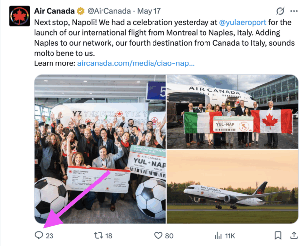Tweet from Air Canada celebrating the launch of international flights between montreal and naples