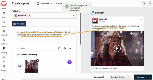 hootsuite ow.ly link shortener showing a youtube link shortening in hootsuite composer